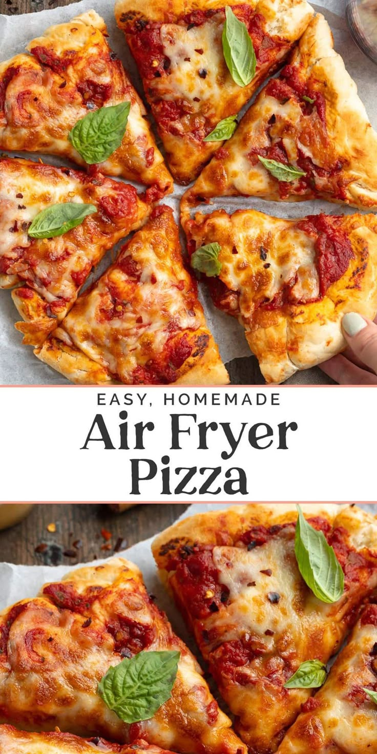 the homemade air fryer pizza is cut into eight slices and topped with basil leaves