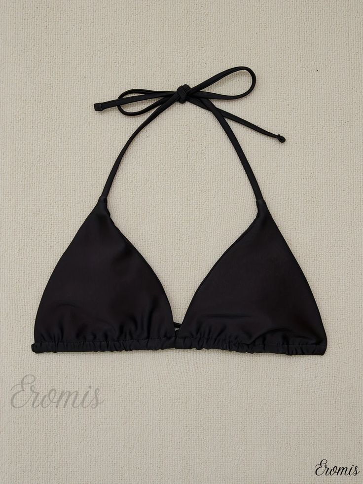 Eromis - Womens Solid Black 2-Piece Tie Side Bikini Set - Triangle Tie Neck Spaghetti Strap Swimsuits - Versatile Swimwear & Fashion Beach Halter Top With Spaghetti Straps And Built-in Bra, Black Tankini With Adjustable Straps, Black Halter Top With Adjustable Straps For Pool, Black Triangle Top Swimwear For Summer, Black Tankini With Adjustable Straps For Vacation, Black Spaghetti Strap Swimwear For Vacation, Black Summer Swimwear, Bra-friendly, Black Bra-friendly Swimwear For Summer, Seamless T-back Tankini For Summer