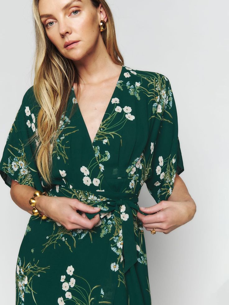 Winslow Dress - Short Sleeve Bridal | Reformation Green Shades, Georgette Fabric, Lace Up Sandals, Kimono Sleeve, Dress Short, Model Dress, Waist Tie, Wear It, Shades Of Green