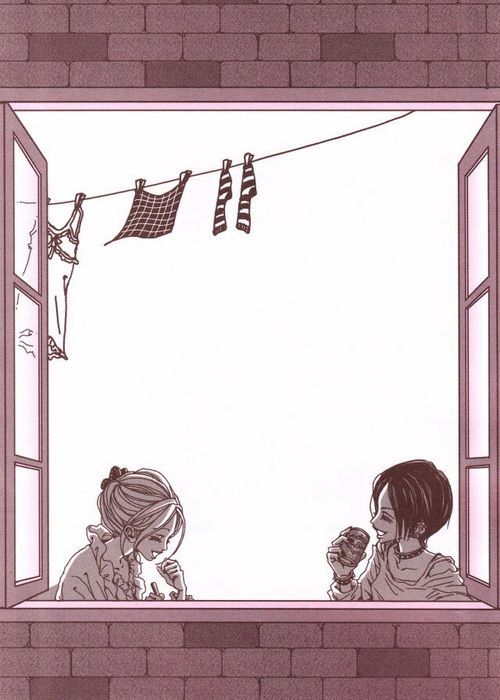 two children looking out an open window at clothes hanging on a line above them,