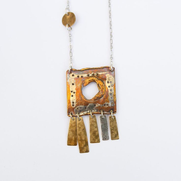 NKL Mixed Metal Square Fringe Necklace Unique One-of-a-kind Copper Necklace, Handmade Fusion Copper Jewelry, Handmade Copper Fusion Jewelry, Handmade Artsy Bronze Jewelry, Artsy Handmade Bronze Jewelry, Unique Metal Necklace With Rectangular Pendant, Handmade Metal Necklace With Rectangular Pendant, Artisan Soldered Brass Necklaces, Artisan Necklace With Square Pendant For Gift