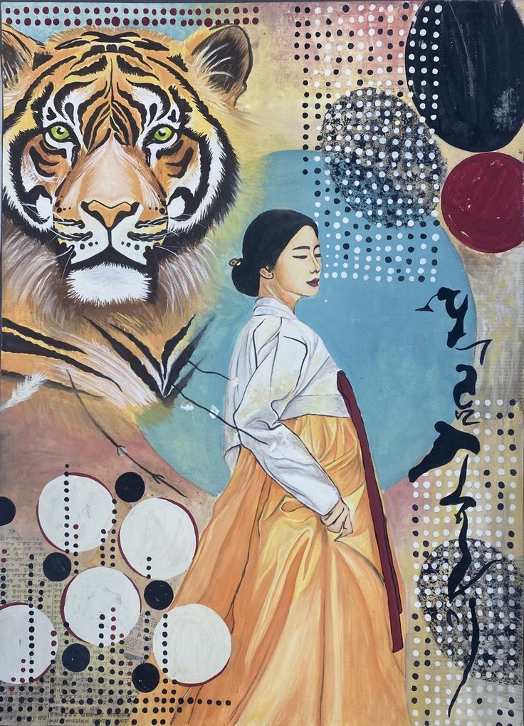 a painting of a woman and a tiger