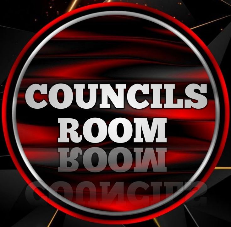 the words councils room boom are shown in red and black