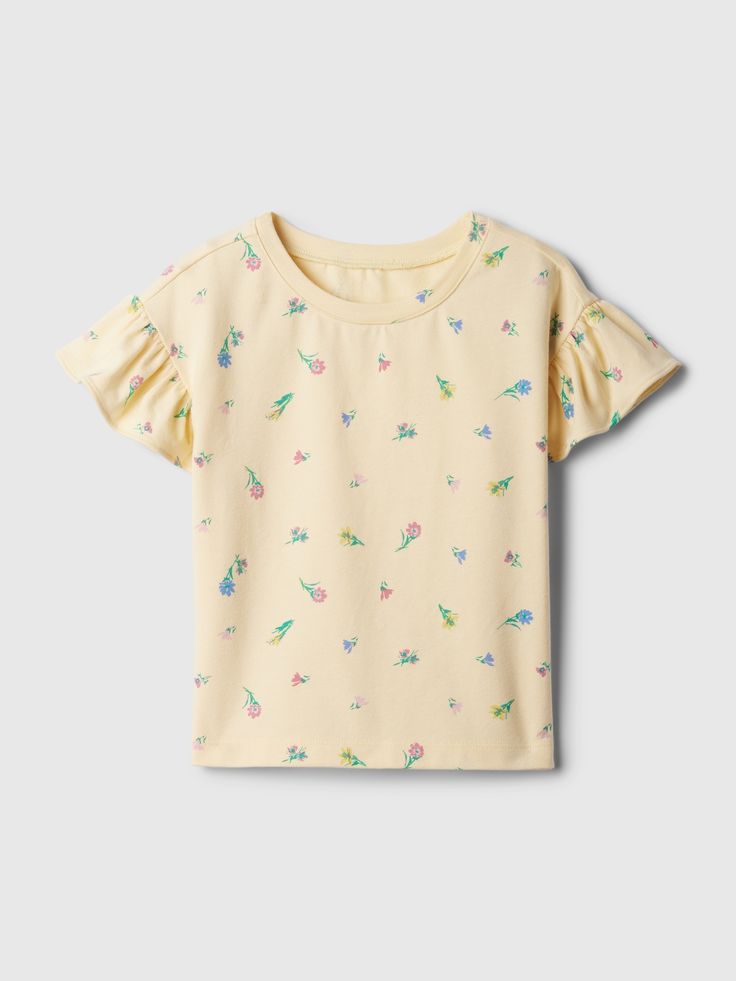 Soft cotton T-shirt.  Crewneck.  Short flutter sleeves.  Allover print.  Straight easy fit.  Hits at the hip.  Sizes range from baby to toddler. Floral Print Shorts, Baby Gap, Flutter Sleeves, The Gap, Yellow Floral, Mix Match, Flutter Sleeve, Toddler Boys, Cotton T Shirt