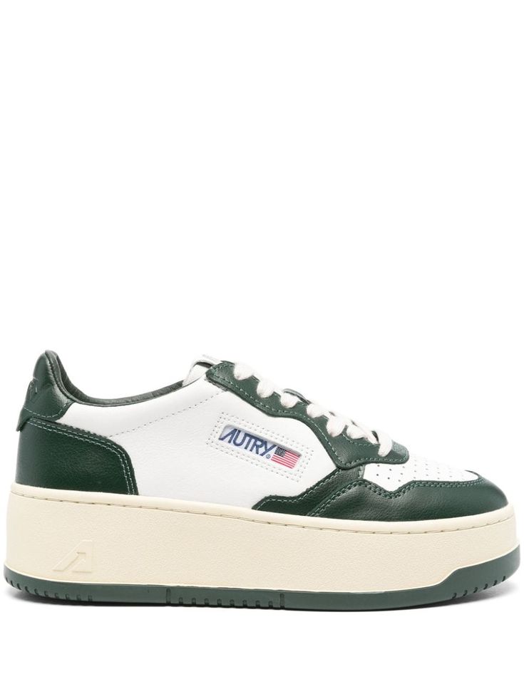 white/dark green calf leather panelled design round toe perforated toebox logo-embroidered tongue mini logo tag branded heel counter branded insole French terry lining flatform sole front lace-up fastening Clog Boots, Mini Logo, Chanel 2, Iconic Bags, Logo Tag, New Sneakers, Summer Beach Wear, Flat Boots, Ballet Flat Shoes