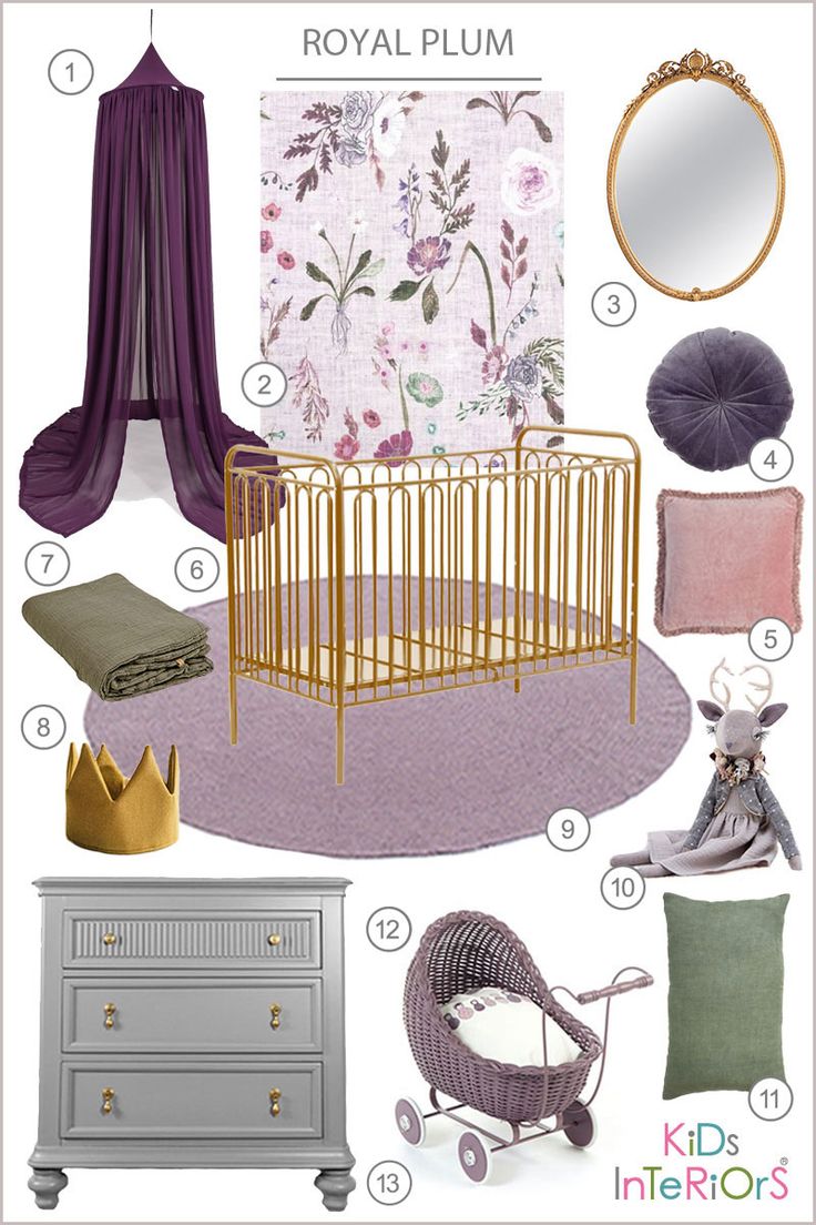 a baby's nursery room with purple and gold accessories, including a crib, dresser