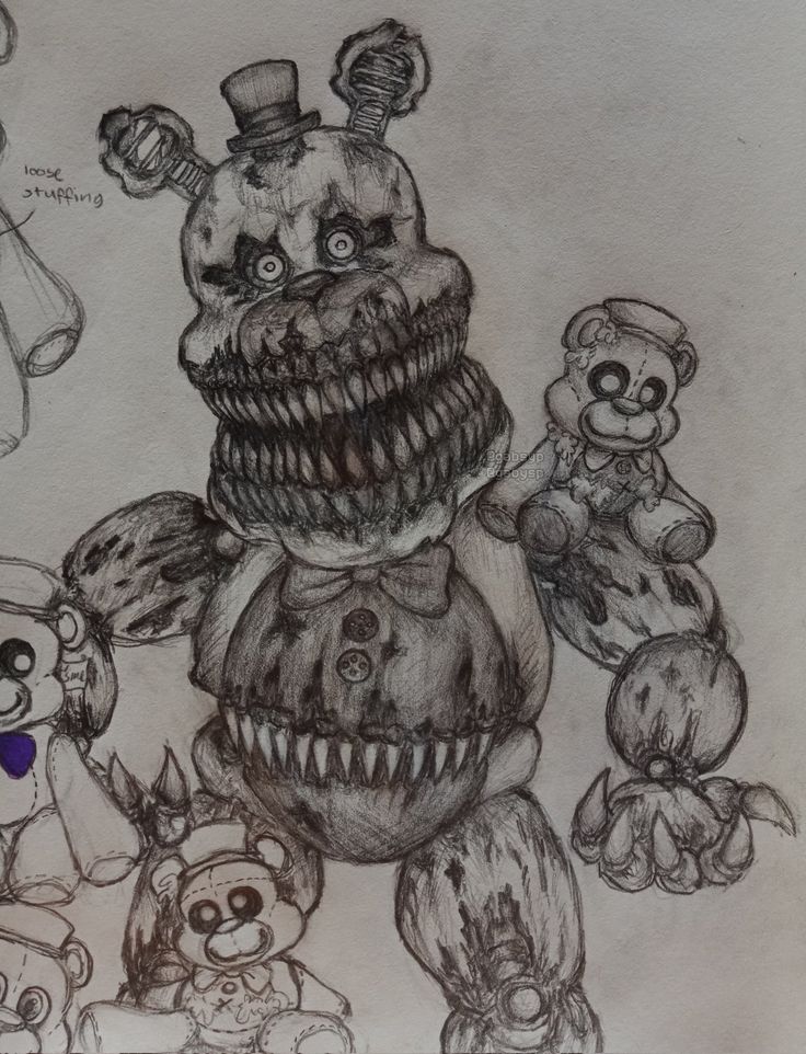 an ink drawing of five creepy looking teddy bears and one evil looking monster with big teeth