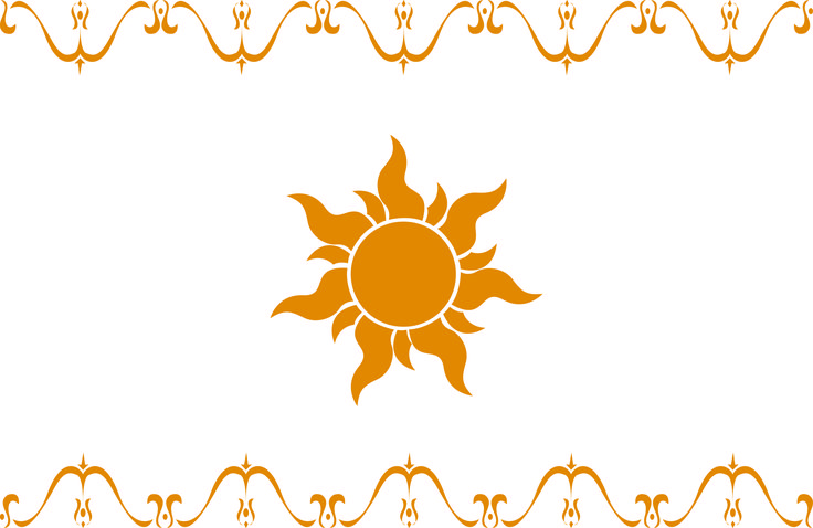 an orange and yellow sun on a white background with ornate border in the foreground