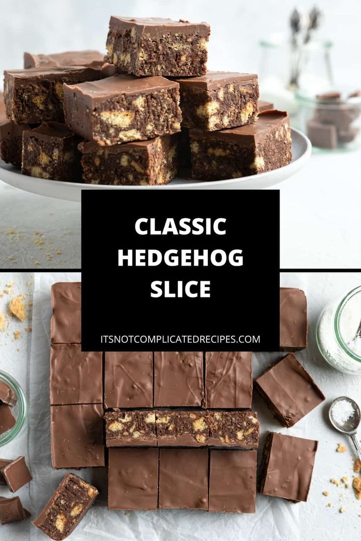 chocolate brownies stacked on top of each other with the words classic hedgehog slice above them