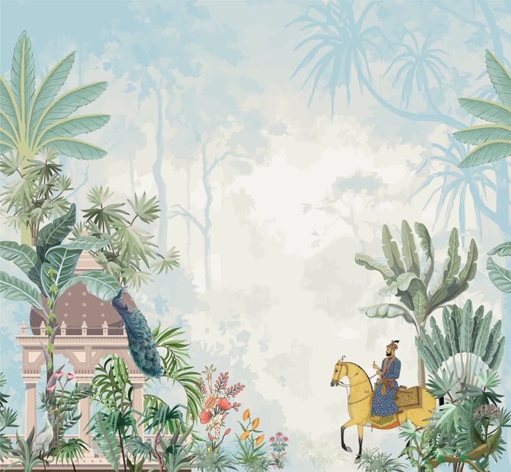 a painting of a man on a horse in the middle of tropical plants and trees