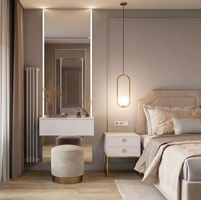 a bedroom with a bed, vanity and dressing table in it's center area