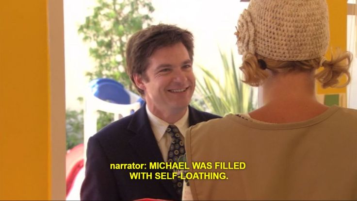 a man and woman standing next to each other in front of a window with the caption, narrator michael was filed with self - loating