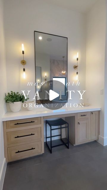 Seperate Vanity Bathroom Master, Vanity Large Bottom Drawer, Seperate Vanity Bathroom, Inside Bathroom Vanity Drawers, Vanity Storage Ideas Bathroom, Master Bath Organization Ideas, Long Vanity With One Sink, Bathroom Vanity With Blow Dryer Storage, Makeup Vanity Master Bath