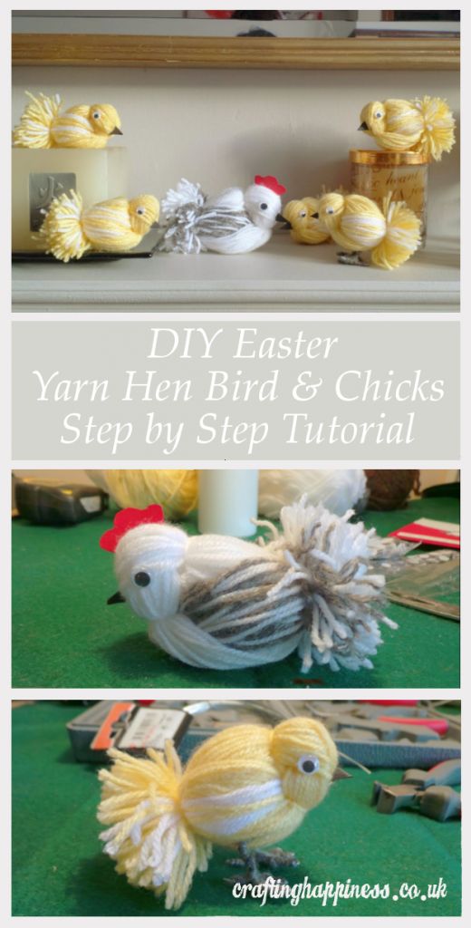 yarn bird sitting on top of a green table next to other items and text that reads diy easter yarn hen birds & chicks step by step by step