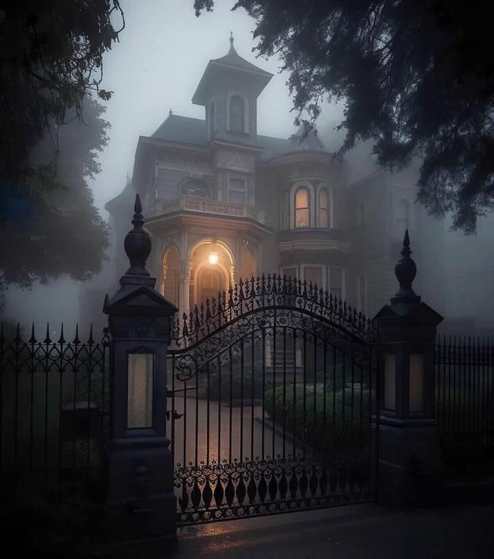 an old house is lit up by the foggy night