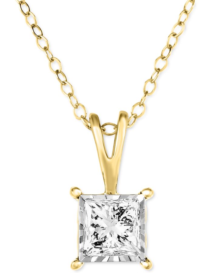 Utter enchantment.  A princess-cut diamond steals the show of this beautiful pendant necklace with a round-cut diamond on reverse and smaller diamonds wrapping around the sides of the magnificent piece by TruMiracle. Princess Cut Diamond Necklace In Fine Jewelry Style, Yellow Gold Princess Cut Necklace, Yellow Gold Princess Cut Fine Necklace, Formal Yellow Gold Necklace With Princess Cut, Yellow Gold Princess Cut Fine Jewelry Necklace, Princess Cut Single Diamond Yellow Gold Jewelry, Princess Cut Yellow Gold Necklace In Fine Jewelry Style, Formal Princess Cut Diamond Necklace, Formal Princess Cut Single Diamond Necklace