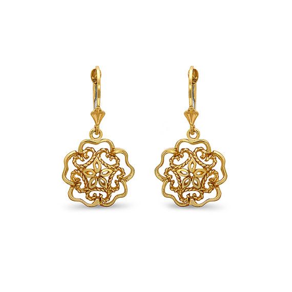 14k solid gold flower motif earrings on fleur de lis lever backs. floral jewelry Gold Flower Charm Earrings In 14k Gold, Classic Gold Jewelry With Flower Charm, Formal Yellow Gold Flower Earrings, Gold Flower Earrings With Flower Charm, Classic 14k Gold Flower-shaped Earrings, 14k Yellow Gold Jewelry With French Hook, Gold Heirloom Jewelry In Flower Shape, Heirloom Gold Jewelry With Flower Shape, Heirloom Gold Jewelry In Flower Shape