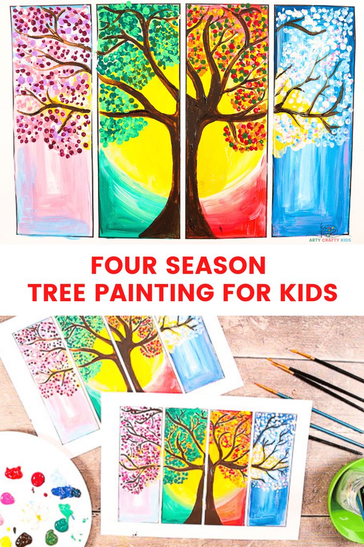 the four seasons tree painting for kids is shown with paintbrushes and watercolors