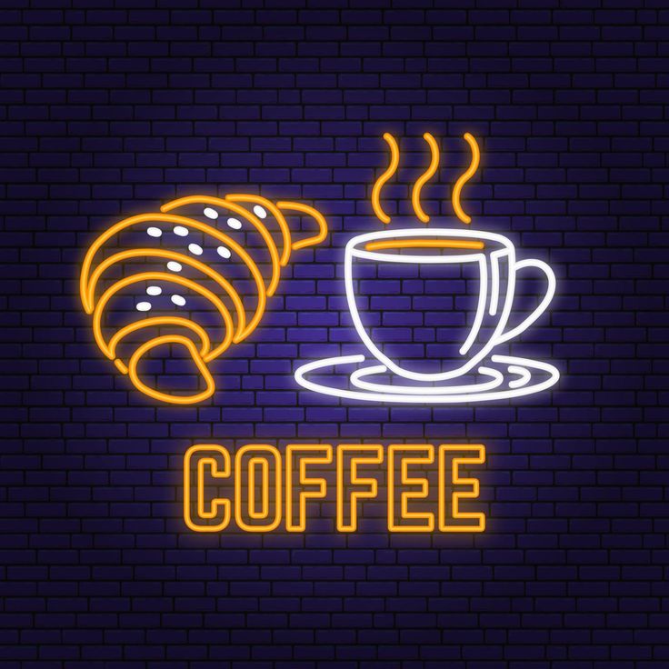 coffee and croissants neon sign on the brick wall background with inscription illustration