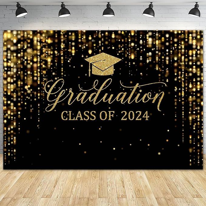 a graduation backdrop with gold glitters on it