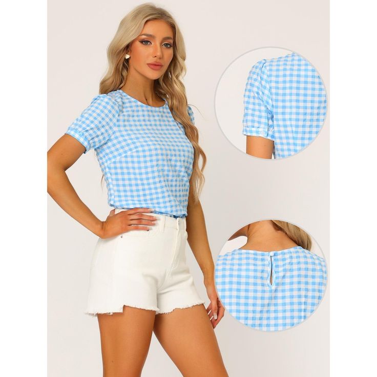 Made of lightweight woven, this versatile top is a summer staple that can be styled with just about anything and it suits many occasions. With a regular silhouette, this cute summer staple gingham top features a crew neck, puff short sleeves, buttoned cuffs, and a slightly boxy shape. Short puff sleeves and a keyhole enhance the casual style of this sweet plaid blouse. Casual Summer Plaid Tops, Casual Plaid Summer Tops, Short Sleeve Gingham Blouse For Day Out, Summer Plaid Top For Beach, Summer Gingham Top For Day Out, Chic Gingham Blouse For Summer, Summer Gingham Cotton Tops, Spring Gingham Blouse For Picnics, Spring Gingham Blouse For Picnic