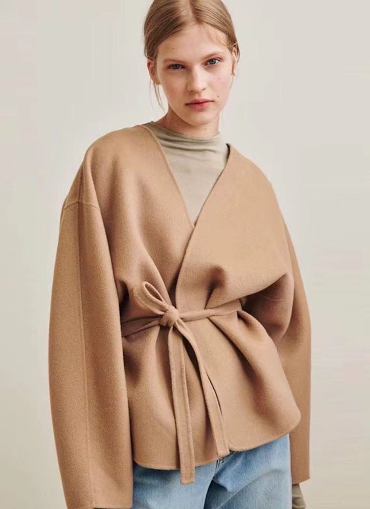 Dropped shoulders emphasize the comfort of this long wool-blend cardigan styled with an open front and a removable tie belt.Unit: (1 inch = 2.54cm) Size Chest Shoulder Length XS 116 57 61 S 120 58 62 M 124 59 63 Wool Coat Short, Short Cardigan, Belted Jacket, Woolen Coat, V Neck Cardigan, Cardigan Fashion, Cashmere Coat, Cardigan Coat, Wool Coat