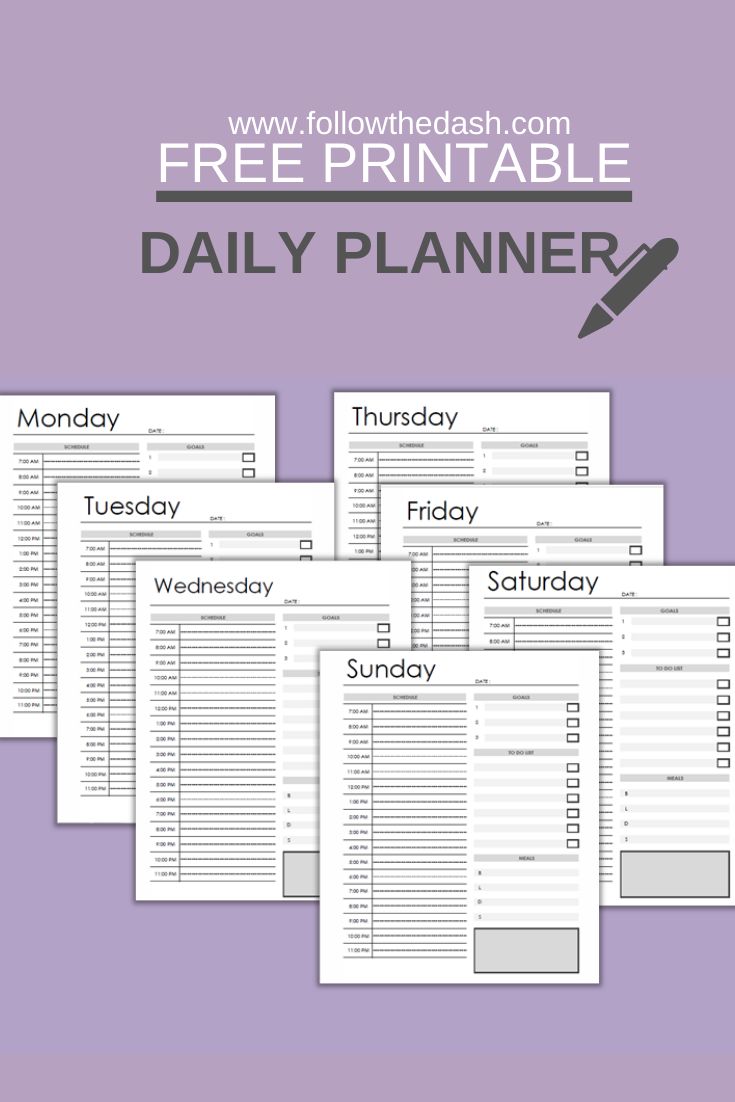 the free printable daily planner is shown in five different colors and sizes, including one for