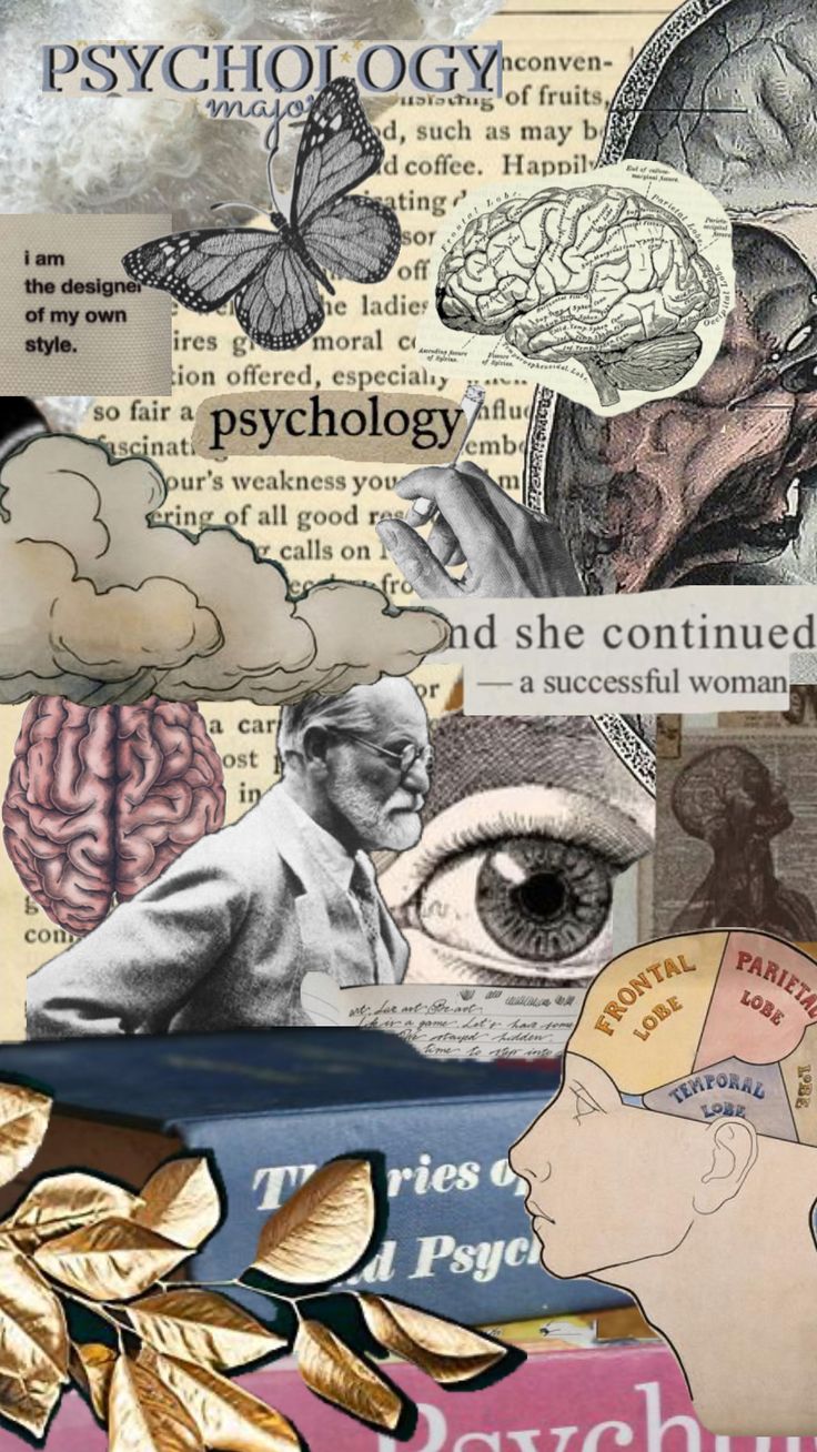 collage of images with words and pictures in the middle, including an image of a person's head