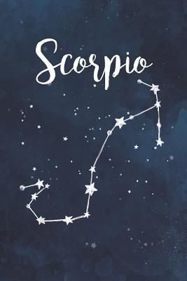 the zodiac sign scorpio on a dark blue watercolor background with white stars