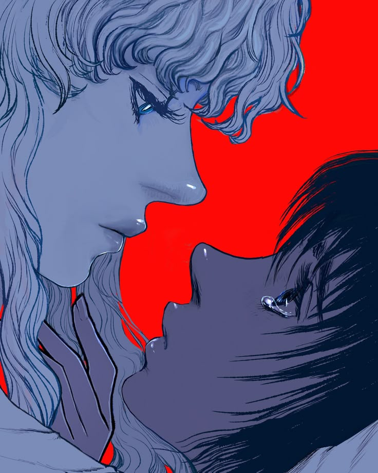 an illustration of a woman kissing a man's face with red background and blue hair