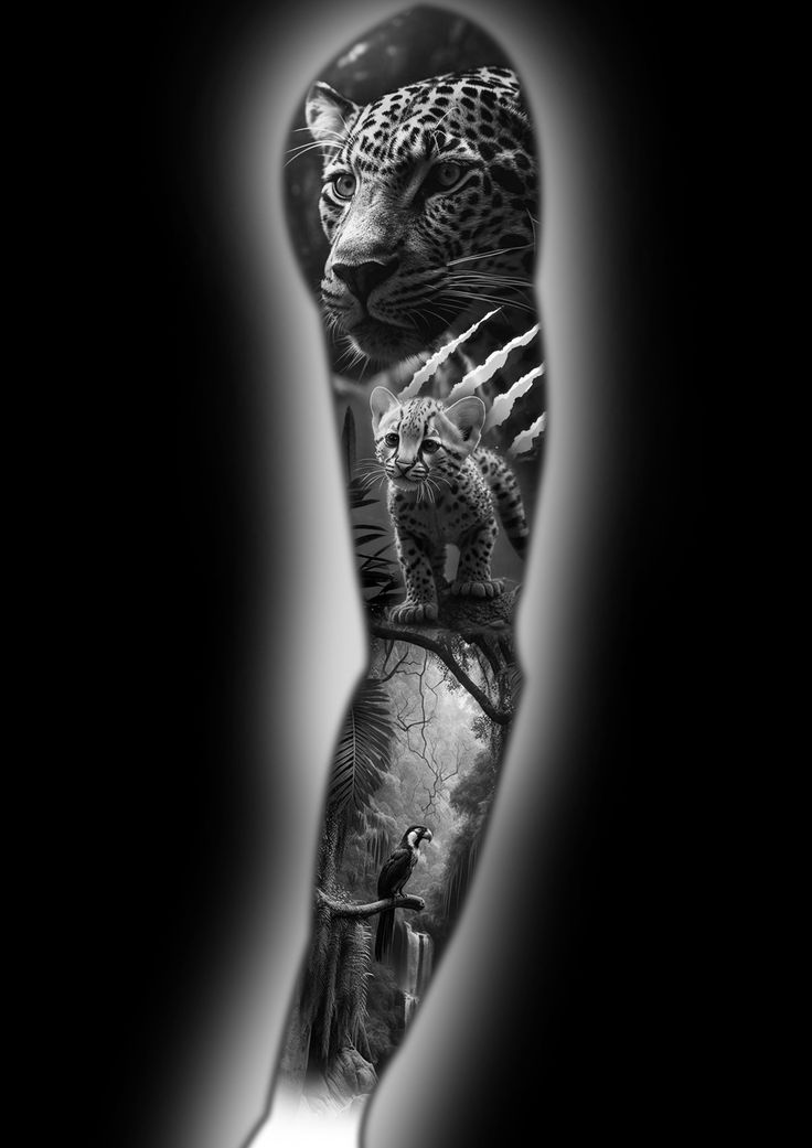 a black and white photo of a man's arm with tattoos on it