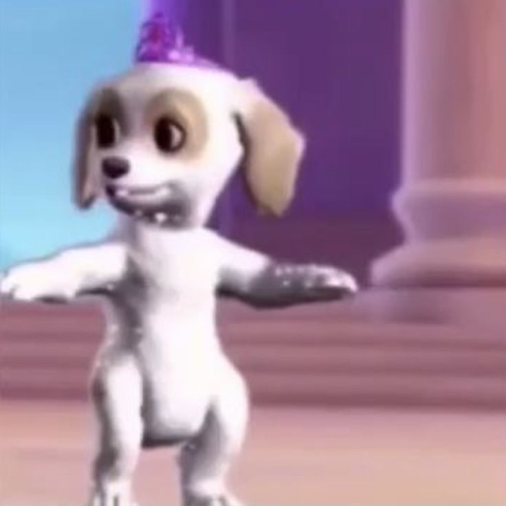 a cartoon dog with a party hat on it's head and paws in the air