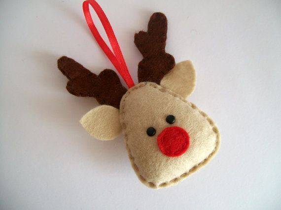 a felt ornament with a red nose and antlers hanging from it's side