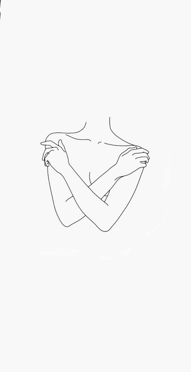 a line drawing of a woman's torso with her hands on her chest and arms crossed