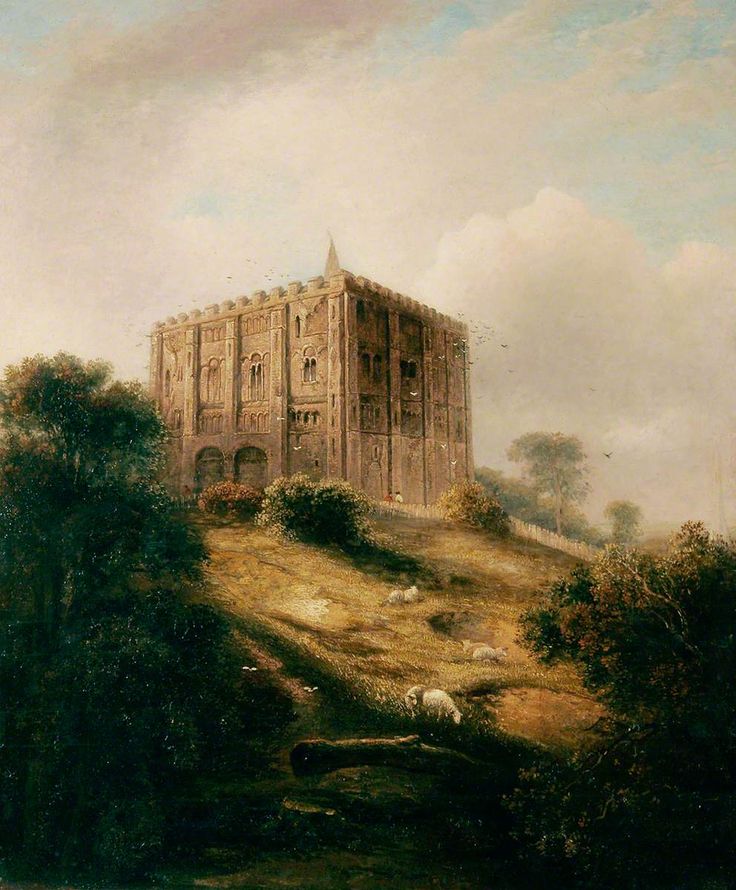 a painting of a castle on top of a hill with sheep grazing in the foreground