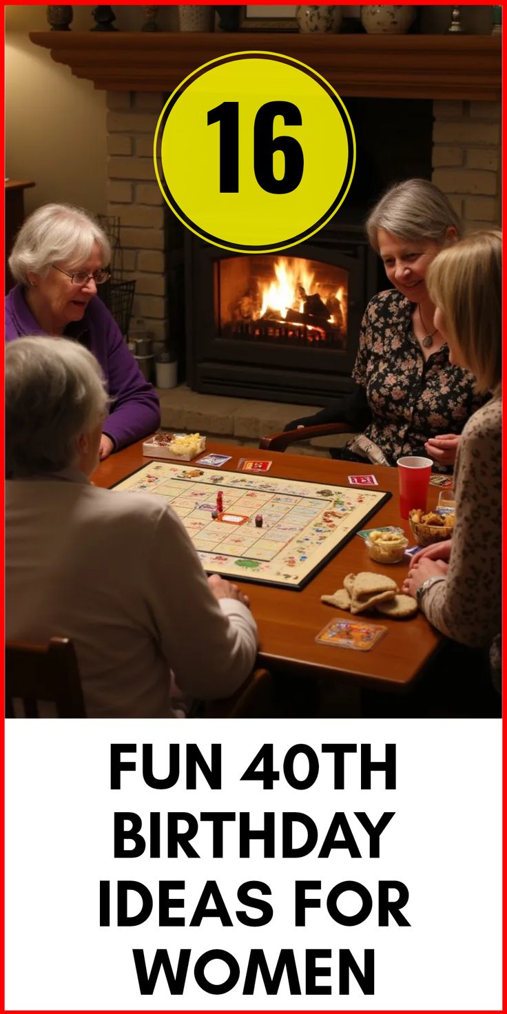 an old woman is sitting at a table with her family and friends playing board games in front of the fire