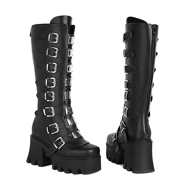 Elevate your punk style with our Gothic Buckle Boots! Embrace the rebellious spirit in these sleek black knee-high shoes. Unleash your bold and stylish edge with the perfect blend of fashion and attitude. Ribbon Around Neck, Robot Oc, Knee High Shoes, Gothic Inspiration, Long Leather Jacket, Black Knee Boots, Moon In Aquarius, Patchwork Vest, Punk Looks