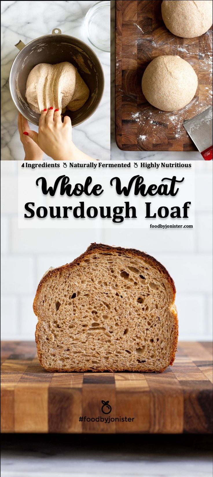 whole wheat sourdough loaf on a cutting board with text overlay that says whole wheat sourdough loaf