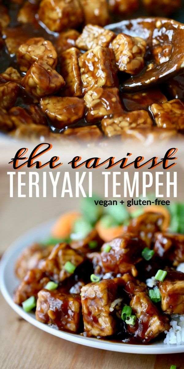 the teriyaki tempeh is served with rice and broccoli on a plate