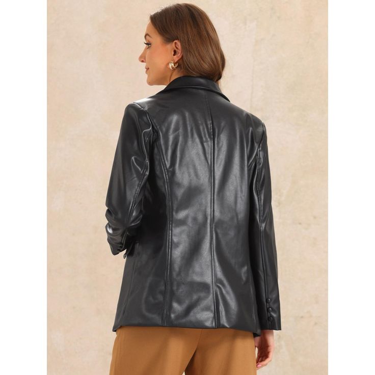 Faux leather fabric in cropped design, gives you a smart and chic look, flattering your figure while still keeping you warm. Notch lapel design with two pockets, simple but unique brings you a trendy and attractive look. Perfectly pair with tops, dresses, pants, leggings, or skirts for a chic look, a perfect outwear for spring, fall and winter. Sleek Biker Jacket For Office In Fall, Chic Solid Leather Jacket With Pockets, Winter Office Leather Jacket With Double Button Closure, Trendy Single Breasted Faux Leather Jacket, Chic Solid Color Faux Leather Jacket, Chic Faux Leather Jacket, Faux Leather Outerwear With Double Button Closure, Faux Leather Outerwear With Double Button For Work, Trendy Faux Leather Jacket For Business