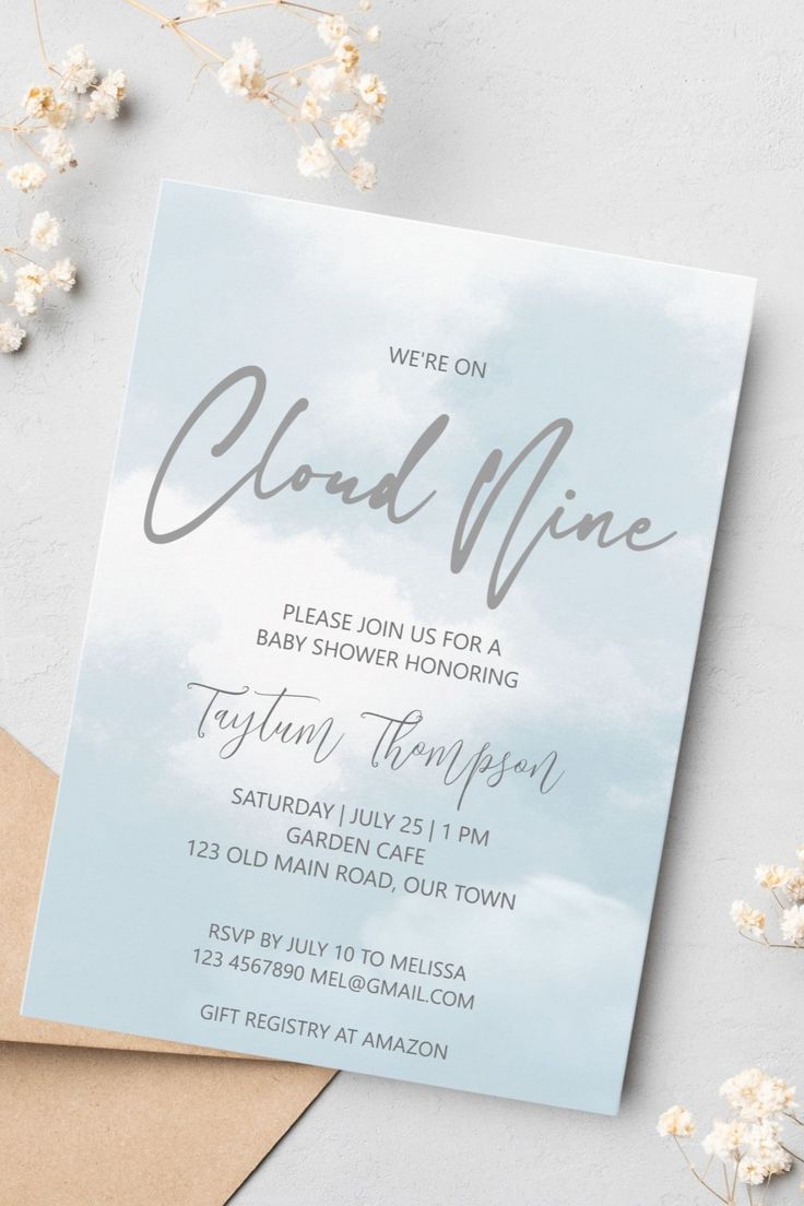 Cloud nine baby shower grey dusty blue invitation template instant download Blue Invitation Template, Dusty Blue Invitation, Cloud Baby Shower Theme, Cloud Theme, Blue Baby Shower Invitations, Grey Baby Shower, Baby Shower Deco, Watercolor Clouds, Blue Invitation