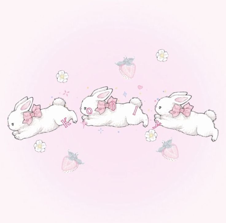 three white rabbits wearing pink bow ties and sitting on their backs in front of a pink background