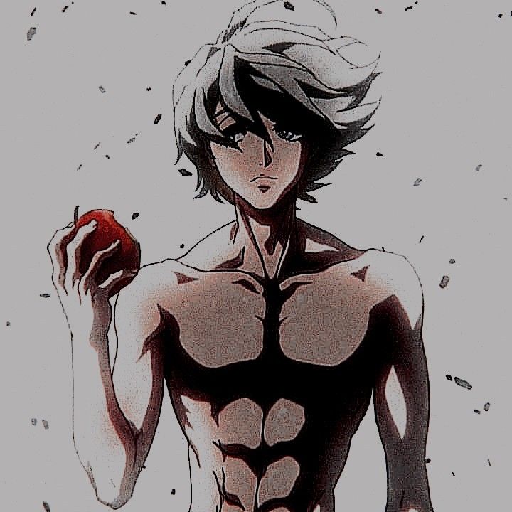 an anime character holding an apple in one hand and looking to the side with his right arm