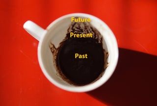 a coffee cup with the words future present past