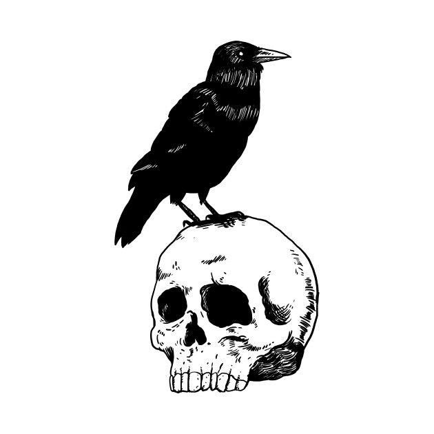 a black bird sitting on top of a skull