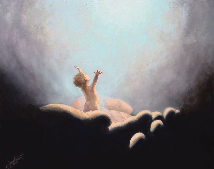 a painting of a child sitting on top of a cloud filled sky with her arms outstretched