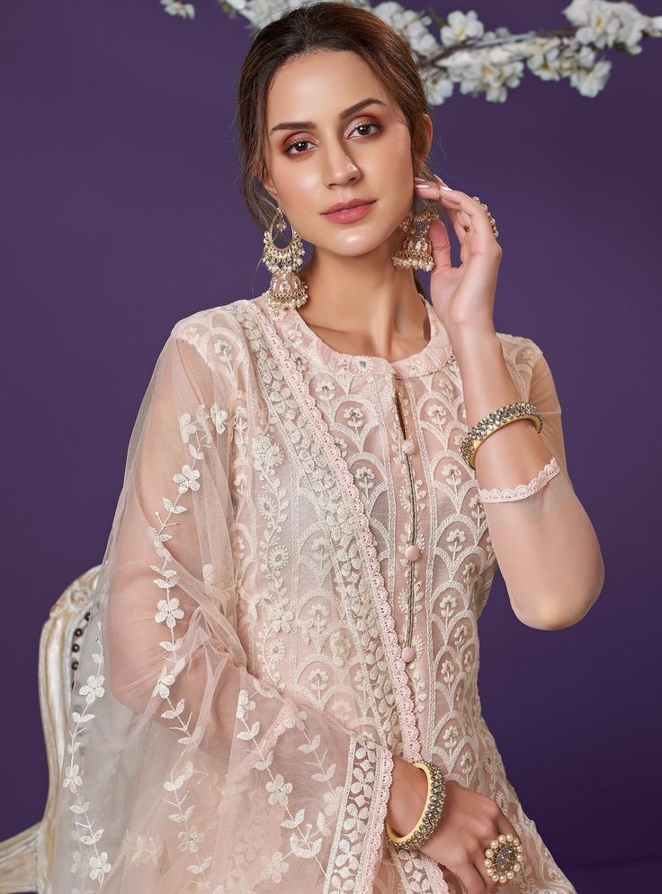 Dusty Peach Designer Embroidered Party Wear Lucknowi Pant Suit-Saira's Boutique Cotton Thread Embroidery, Dusty Peach, Top Net, Peach Fabric, Pant Suit, Thread Embroidery, Silk Dupatta, Gold Threads, Cotton Thread