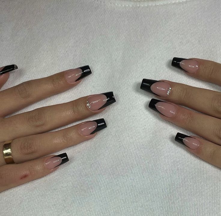 Black French Tip Pearl Nails, Black French Tip Gems, Black French Tips With Gold Line, Emo French Tip Nails, Black French Tip With Silver Line, Black French Tip Nails With Diamonds, Black French Tips Square, Black Nail With Rhinestones, French Tip With Stones