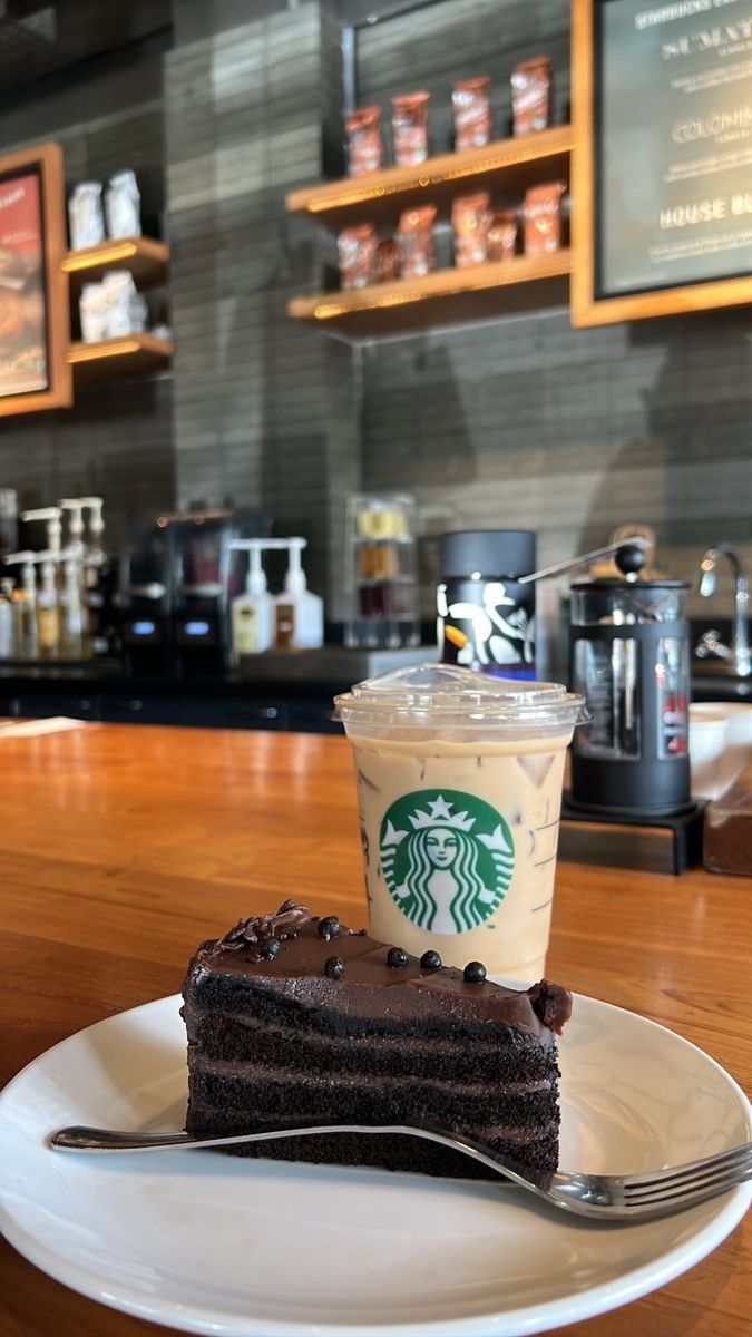 a slice of chocolate cake on a white plate with a fork and cup of coffee in the background