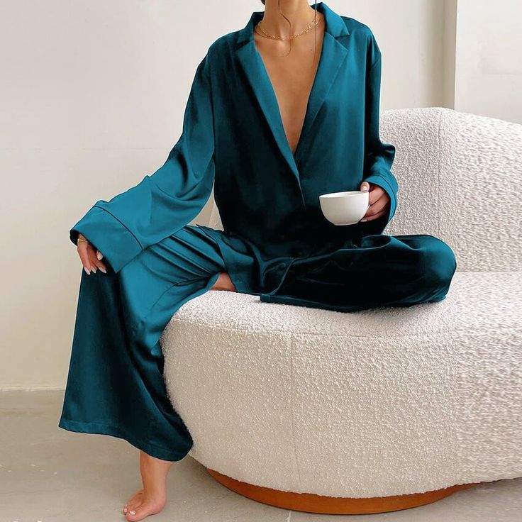 Silk Sleepwear Pajamas, Satin Pyjama, Pyjama Satin, Silky Shirt, Silk Sleepwear, Silk Pajama Set, Satin Pyjama Set, Long Sleeve Tops Casual, Satin Pajamas